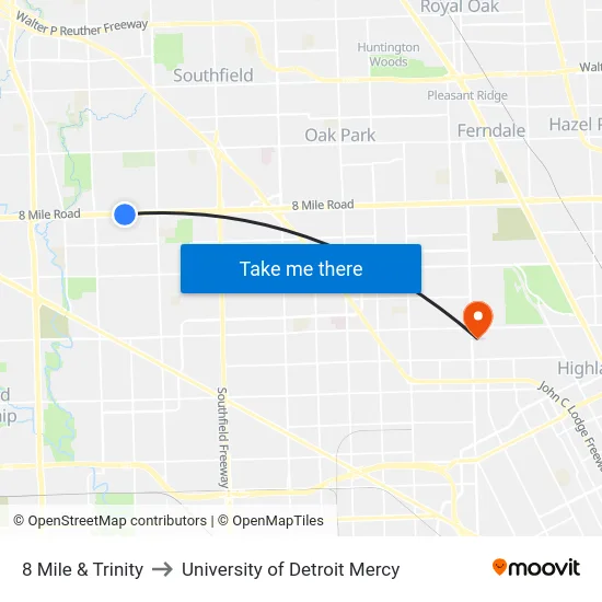 8 Mile & Trinity to University of Detroit Mercy map