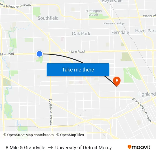 8 Mile & Grandville to University of Detroit Mercy map