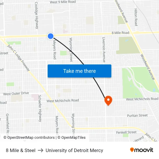 8 Mile & Steel to University of Detroit Mercy map