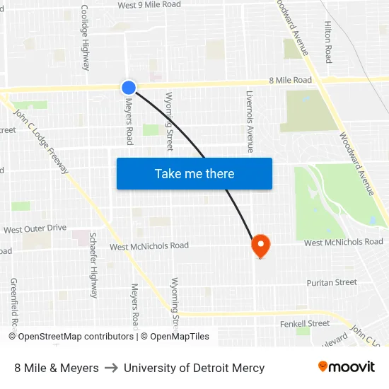 8 Mile & Meyers to University of Detroit Mercy map