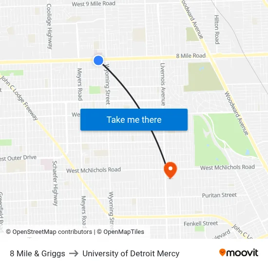 8 Mile & Griggs to University of Detroit Mercy map