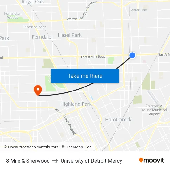 8 Mile & Sherwood to University of Detroit Mercy map