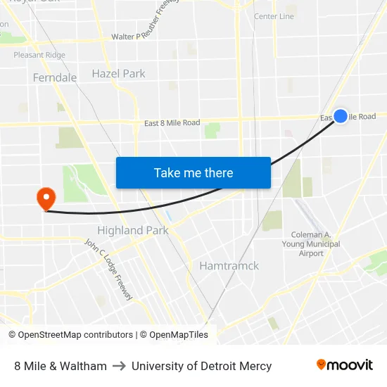 8 Mile & Waltham to University of Detroit Mercy map