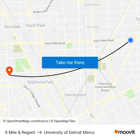 8 Mile & Regent to University of Detroit Mercy map