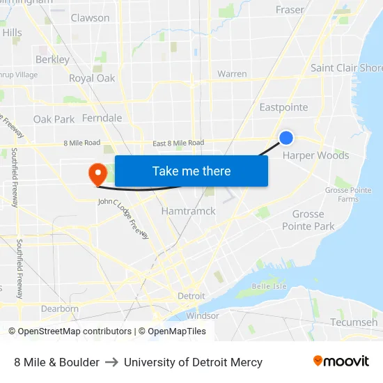 8 Mile & Boulder to University of Detroit Mercy map