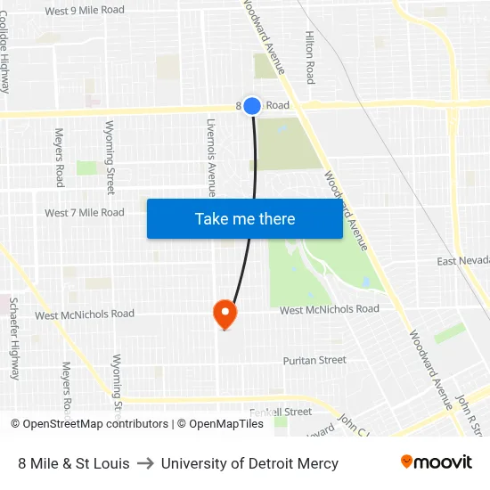 8 Mile & St Louis to University of Detroit Mercy map