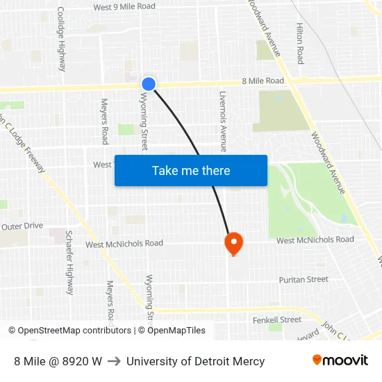8 Mile @ 8920 W to University of Detroit Mercy map