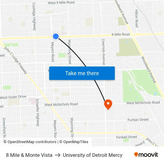 8 Mile & Monte Vista to University of Detroit Mercy map