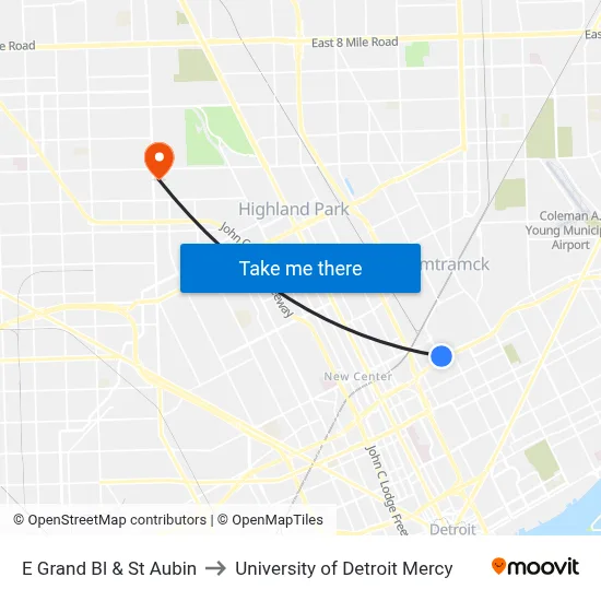 E Grand Bl & St Aubin to University of Detroit Mercy map