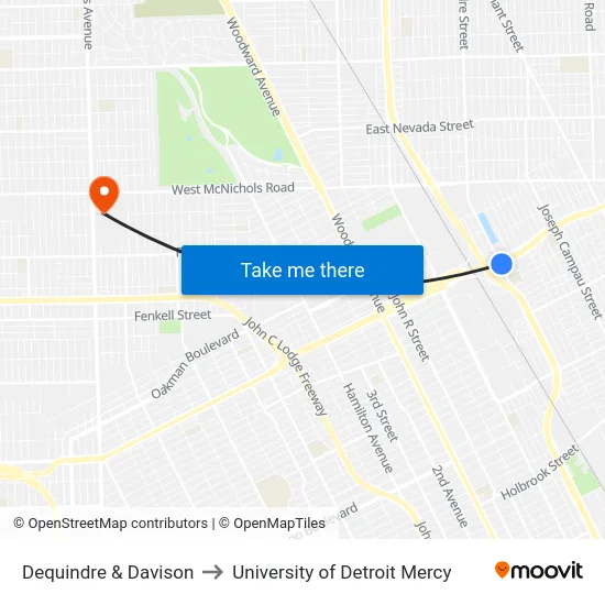 Dequindre & Davison to University of Detroit Mercy map