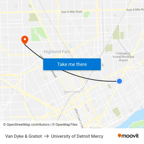 Van Dyke & Gratiot to University of Detroit Mercy map
