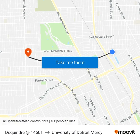 Dequindre @ 14601 to University of Detroit Mercy map