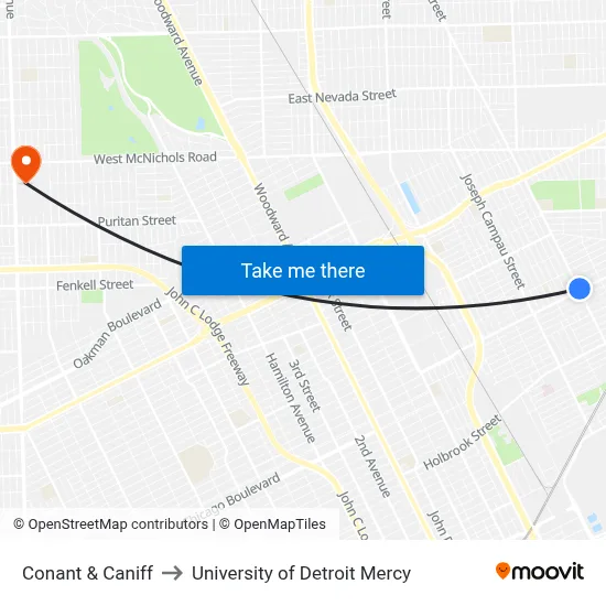 Conant & Caniff to University of Detroit Mercy map