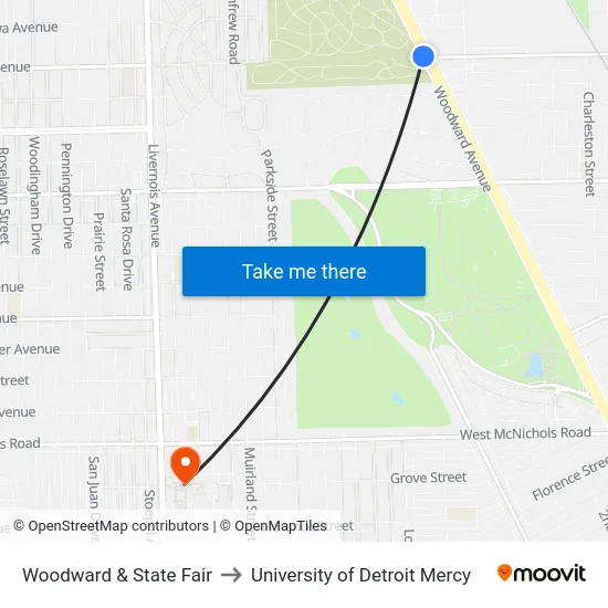 Woodward & State Fair to University of Detroit Mercy map