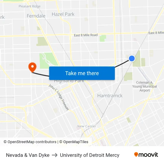 Nevada & Van Dyke to University of Detroit Mercy map