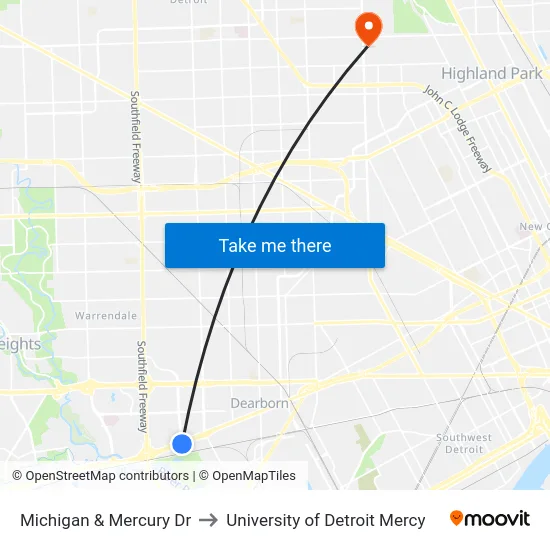 Michigan & Mercury Dr to University of Detroit Mercy map