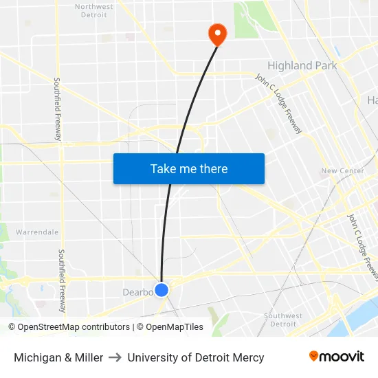 Michigan & Miller to University of Detroit Mercy map