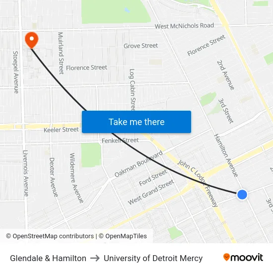 Glendale & Hamilton to University of Detroit Mercy map