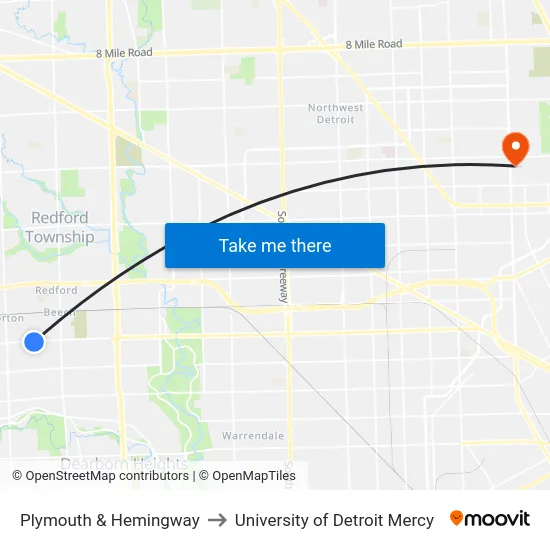 Plymouth & Hemingway to University of Detroit Mercy map