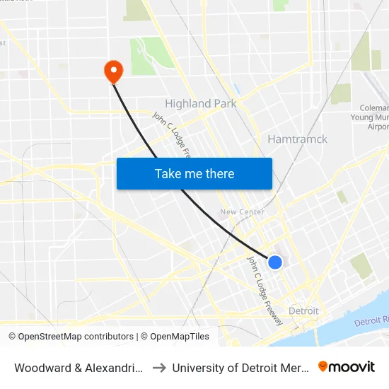 Woodward & Alexandrine to University of Detroit Mercy map