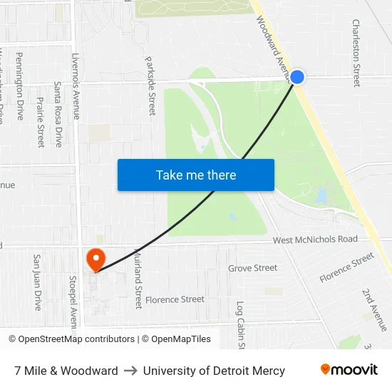 7 Mile & Woodward to University of Detroit Mercy map