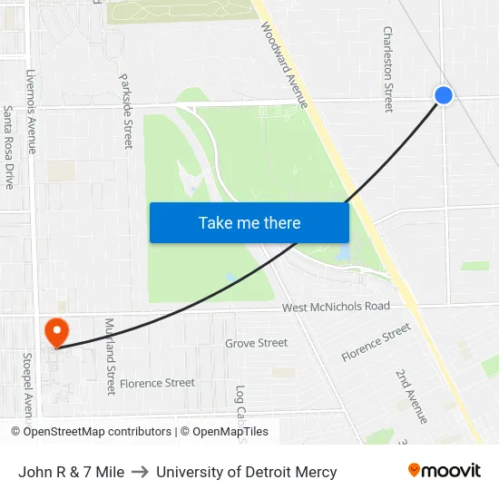 John R & 7 Mile to University of Detroit Mercy map
