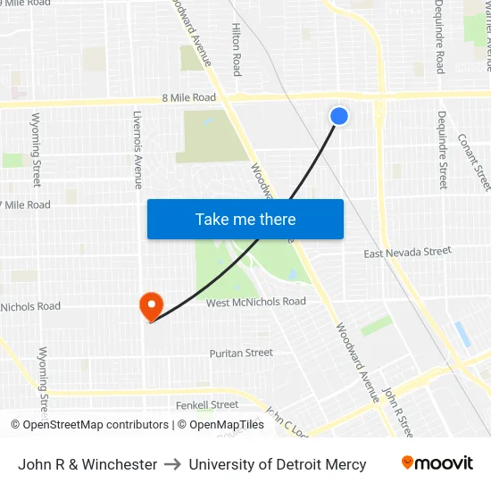 John R & Winchester to University of Detroit Mercy map