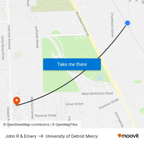 John R & Emery to University of Detroit Mercy map