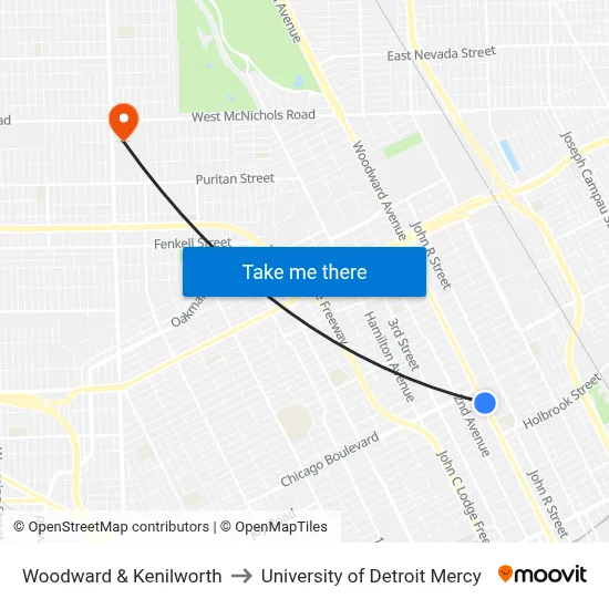 Woodward & Kenilworth to University of Detroit Mercy map