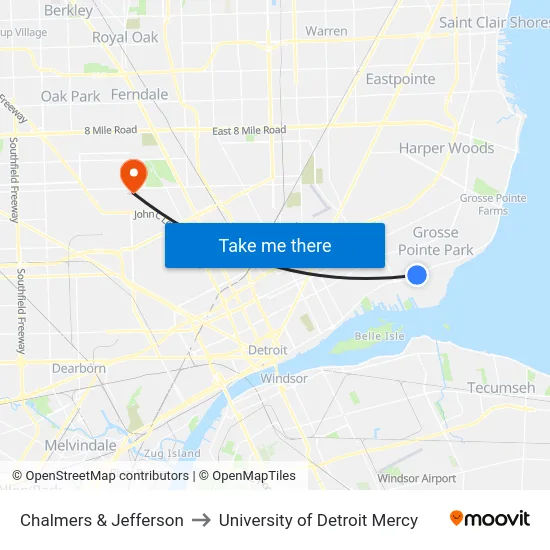 Chalmers & Jefferson to University of Detroit Mercy map