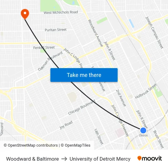 Woodward & Baltimore to University of Detroit Mercy map