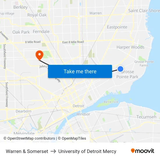Warren & Somerset to University of Detroit Mercy map