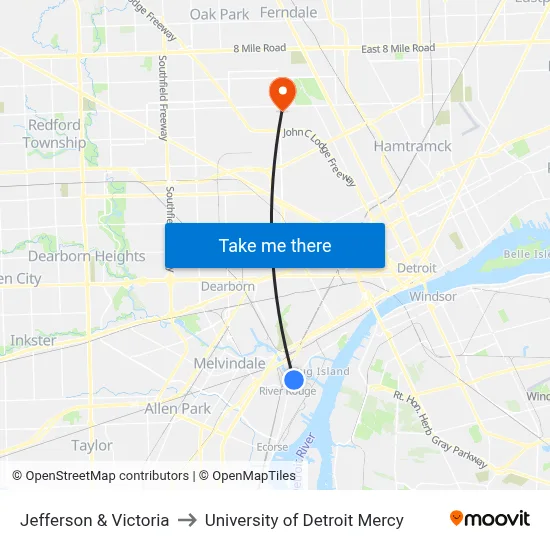 Jefferson & Victoria to University of Detroit Mercy map
