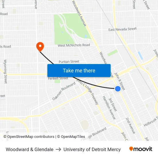 Woodward & Glendale to University of Detroit Mercy map