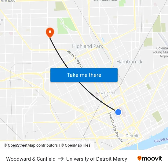 Woodward & Canfield to University of Detroit Mercy map