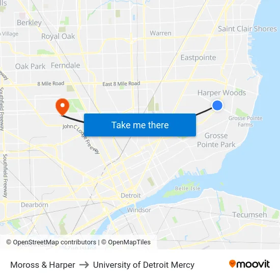 Moross & Harper to University of Detroit Mercy map