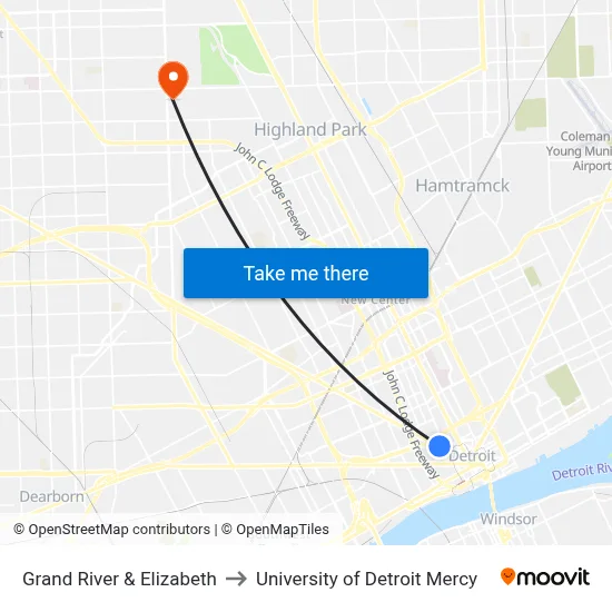 Grand River & Elizabeth to University of Detroit Mercy map