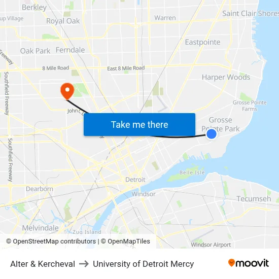 Alter & Kercheval to University of Detroit Mercy map