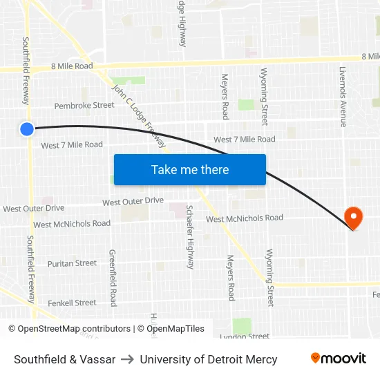 Southfield & Vassar to University of Detroit Mercy map