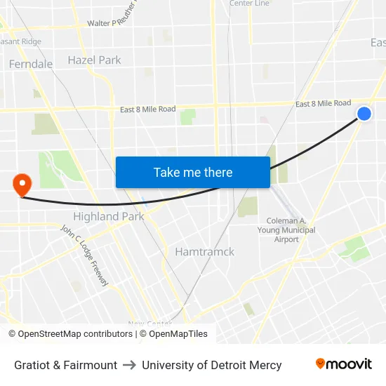 Gratiot & Fairmount to University of Detroit Mercy map