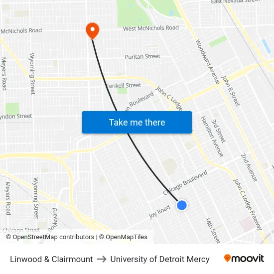 Linwood & Clairmount to University of Detroit Mercy map