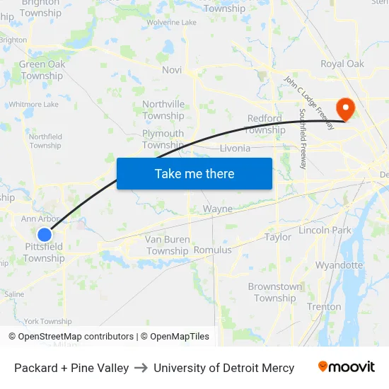 Packard + Pine Valley to University of Detroit Mercy map