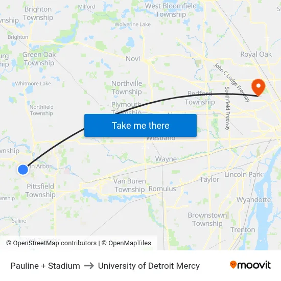 Pauline + Stadium to University of Detroit Mercy map