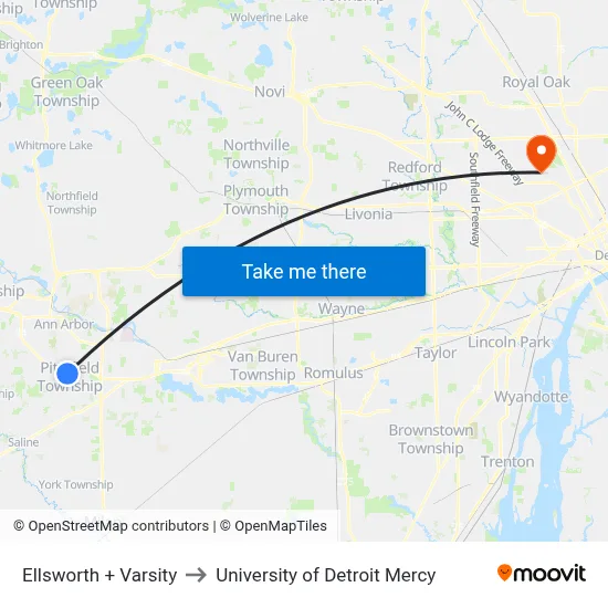 Ellsworth + Varsity to University of Detroit Mercy map
