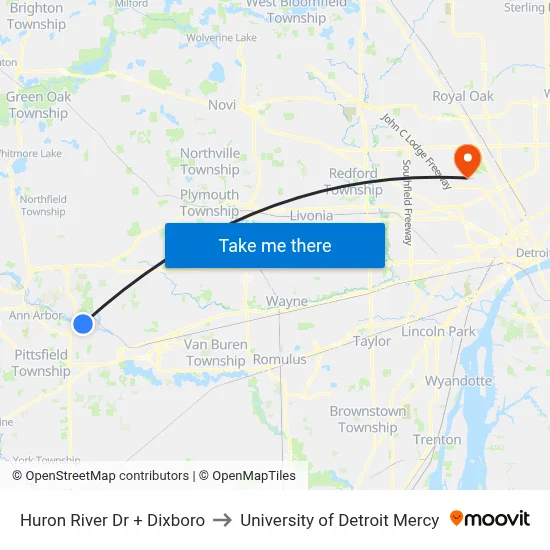 Huron River Dr + Dixboro to University of Detroit Mercy map