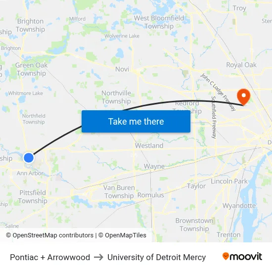 Pontiac + Arrowwood to University of Detroit Mercy map