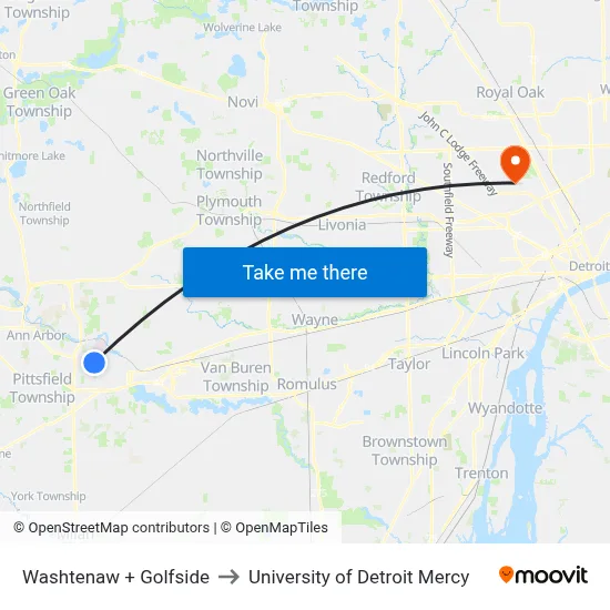 Washtenaw + Golfside to University of Detroit Mercy map
