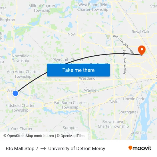 Btc Mall Stop 7 to University of Detroit Mercy map