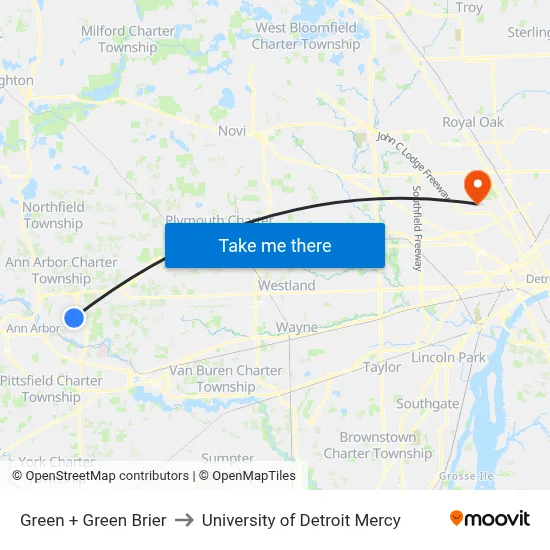 Green + Green Brier to University of Detroit Mercy map