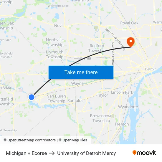 Michigan + Ecorse to University of Detroit Mercy map